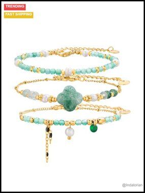 3PC Beaded Bracelet Set Stackable 14k Gold Plated Natural Stone